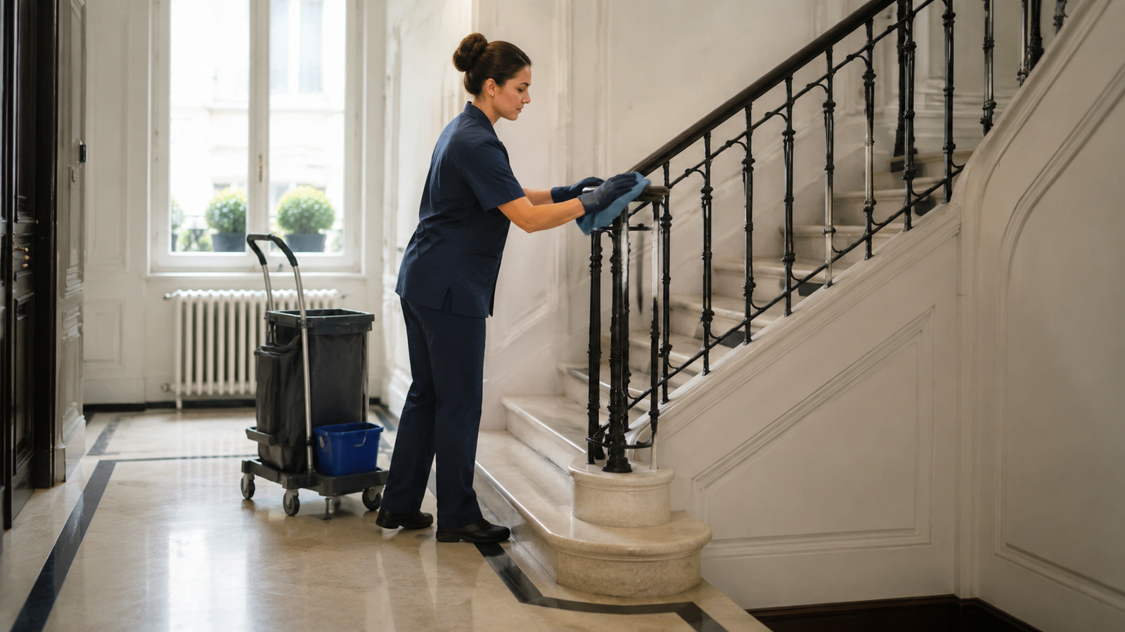 Professionnelle nettoyant l’escalier d’une copropriété en Île-de-France