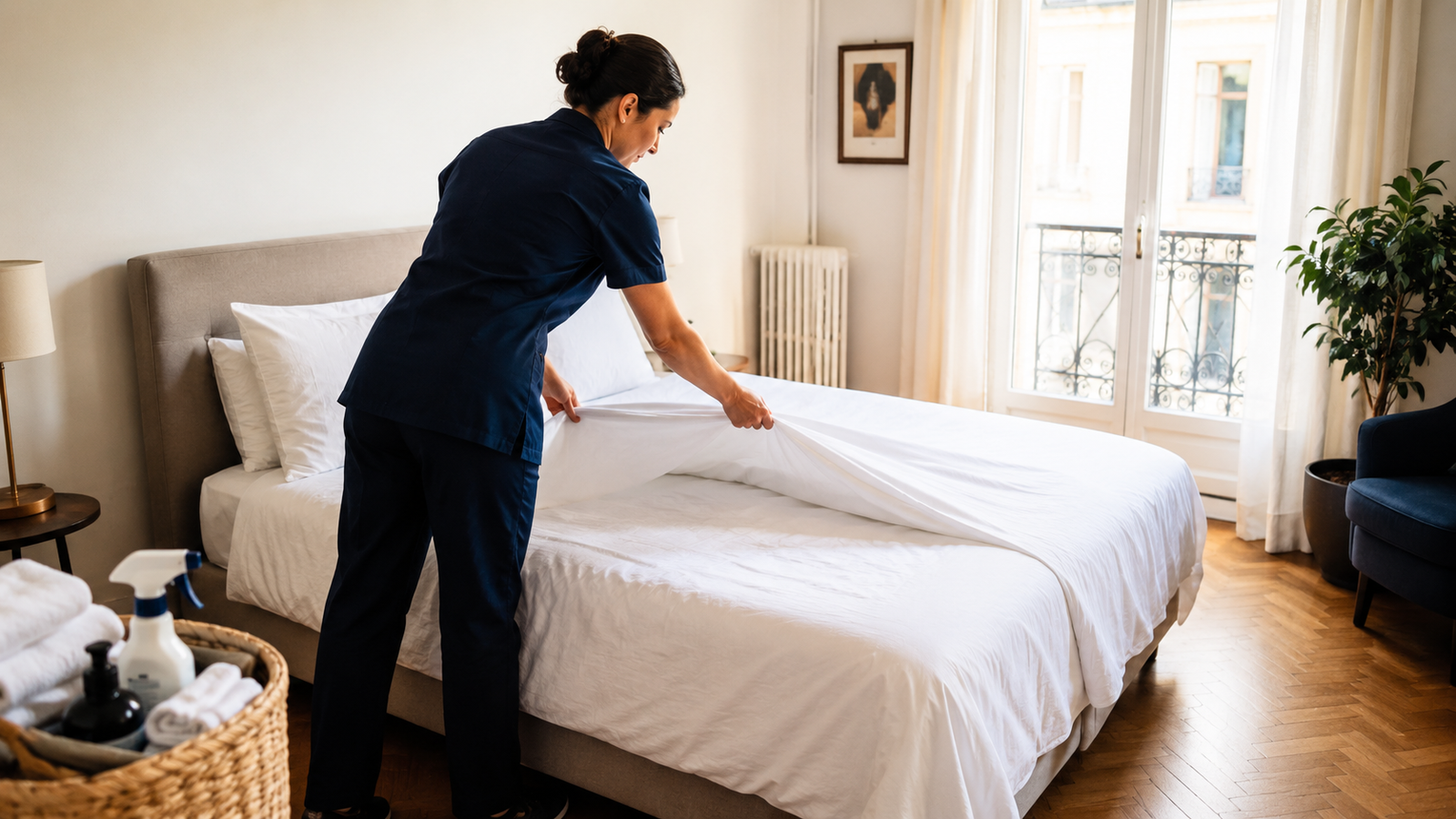 Professionnelle préparant un logement après le nettoyage en Île-de-France